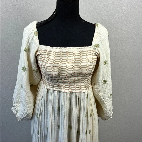 Free People Dahlia Maxi Dress Cream/Green Floral Embroidered 3/4 Puff Sleeves M - Picture 5 of 11